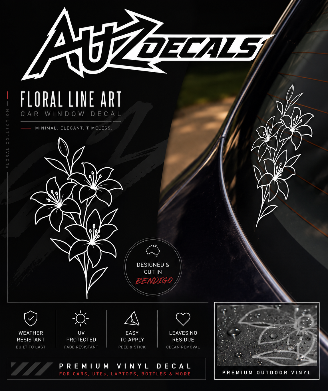 Floral Line Art Car Decal – Botanical Vinyl Sticker