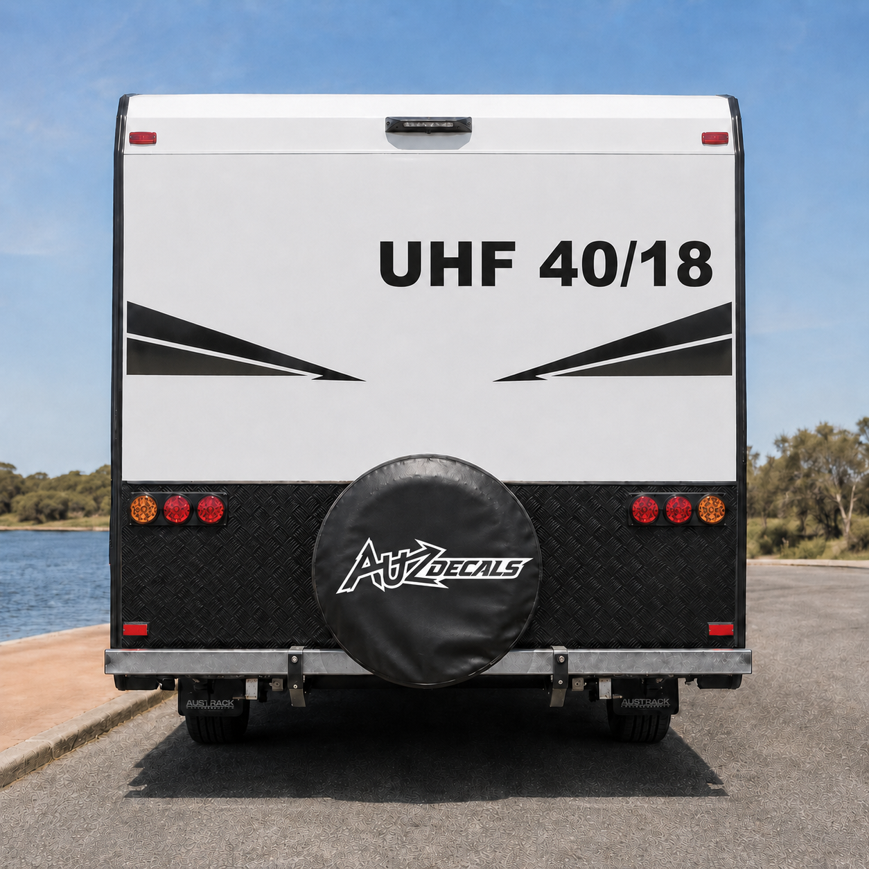AUZDECALS caravan UHF 40/18 decal mockup on rear of white caravan