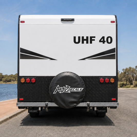 AUZDECALS caravan UHF 40 decal mockup on rear of white caravan